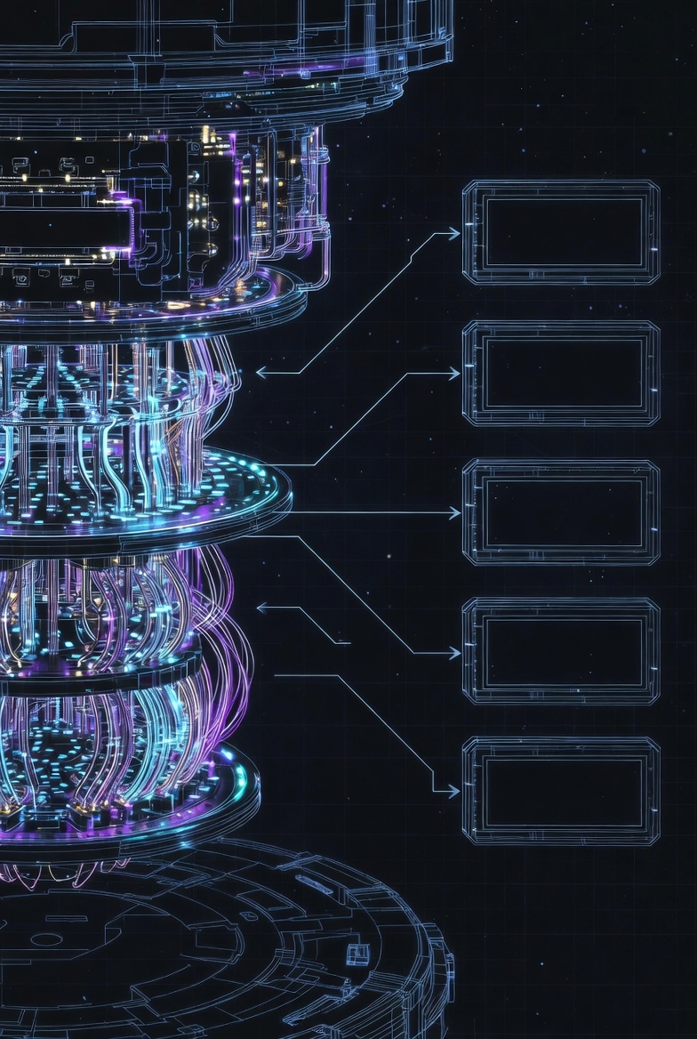 양자 컴퓨터 큐비트 회로 — 네온 블루 & 퍼플
